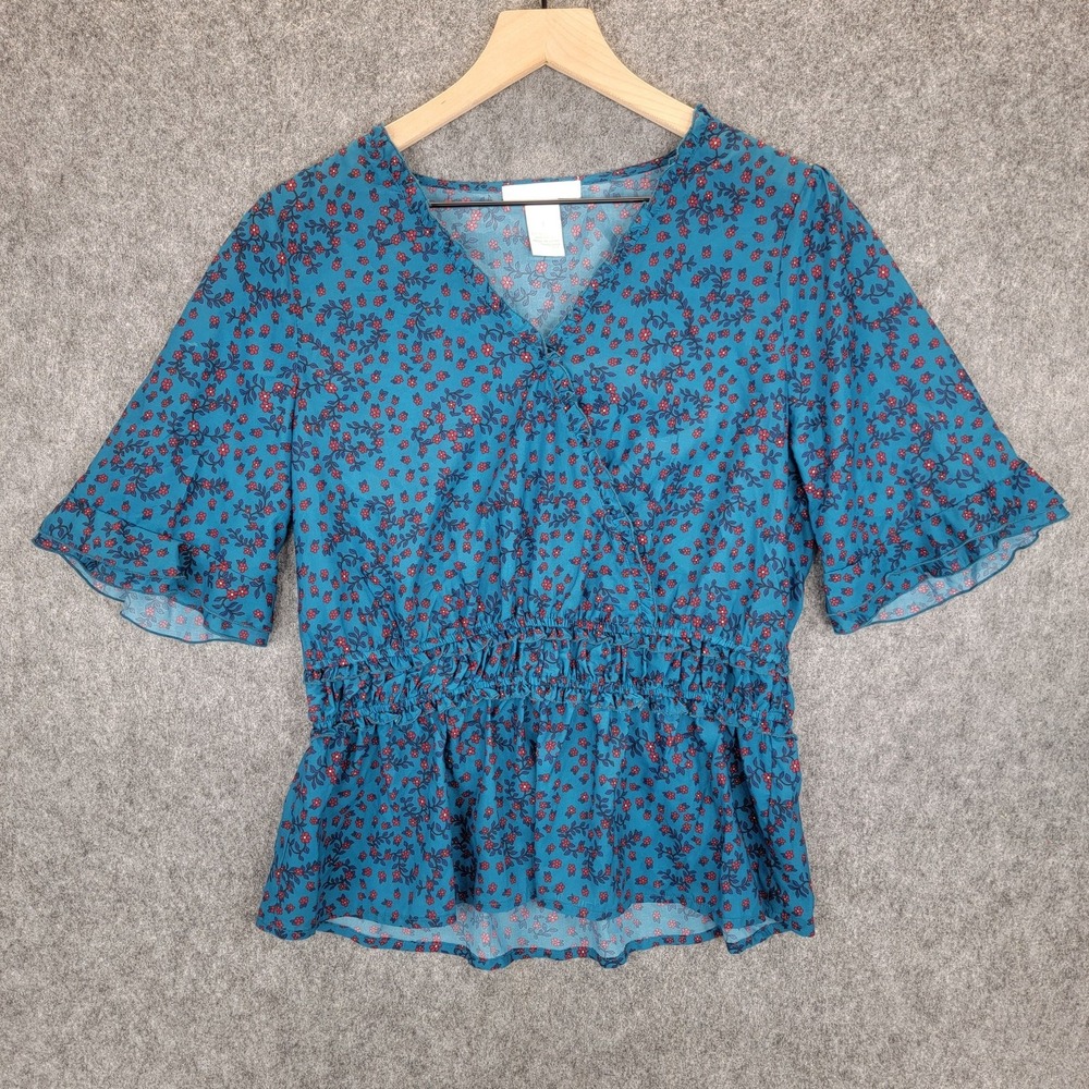 Design History Blouse Womens L Blue Ditsy Floral‎ Ruffle Sleeve Peplum Sheer Top